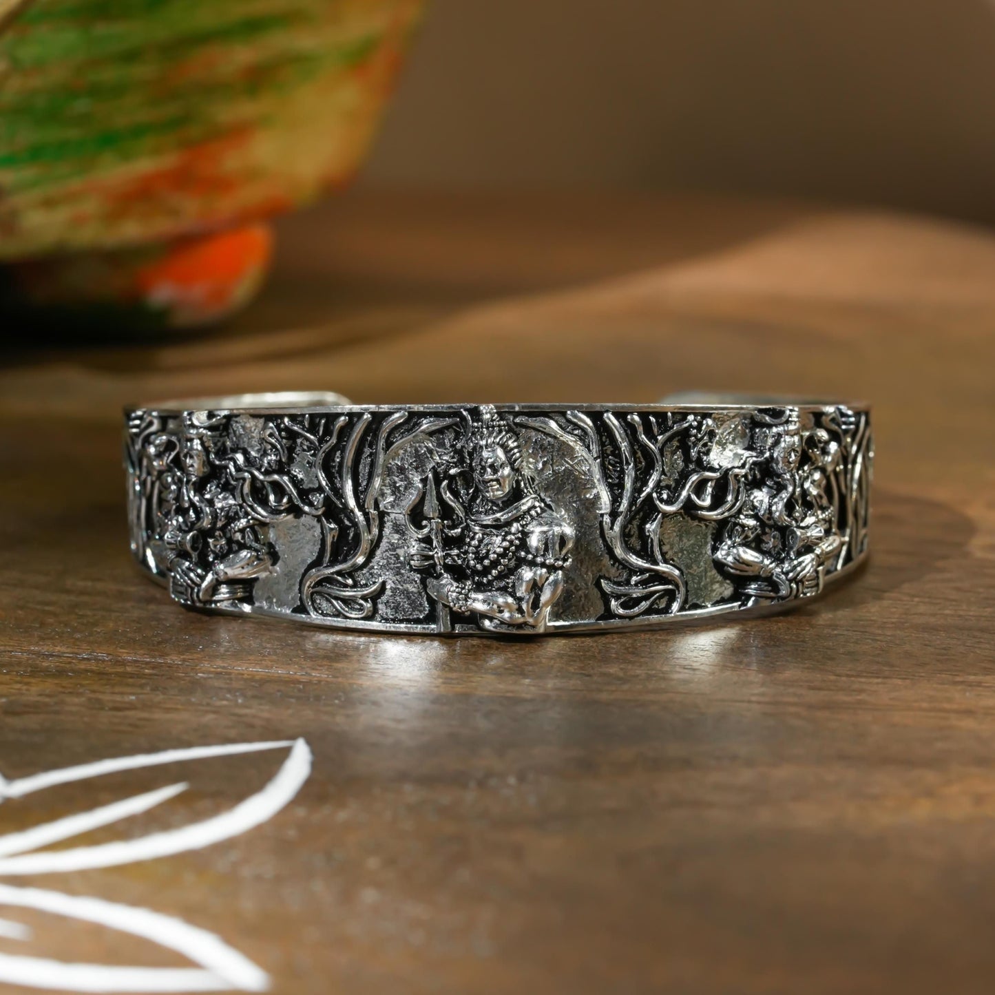 SILVER ENGRAVED MAHAKAL BRACELET/KADA - FREE SIZE